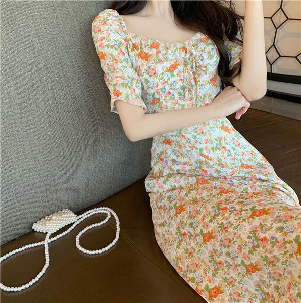 Summer Women Sweet Long Skirt Waist Temperament Floral Dress