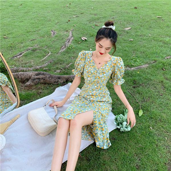 Summer Women Sweet Long Skirt Waist Temperament Floral Dress