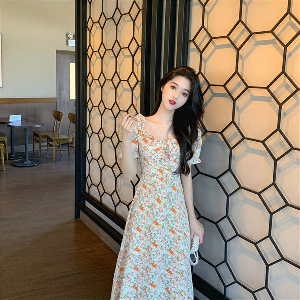 Summer Women Sweet Long Skirt Waist Temperament Floral Dress