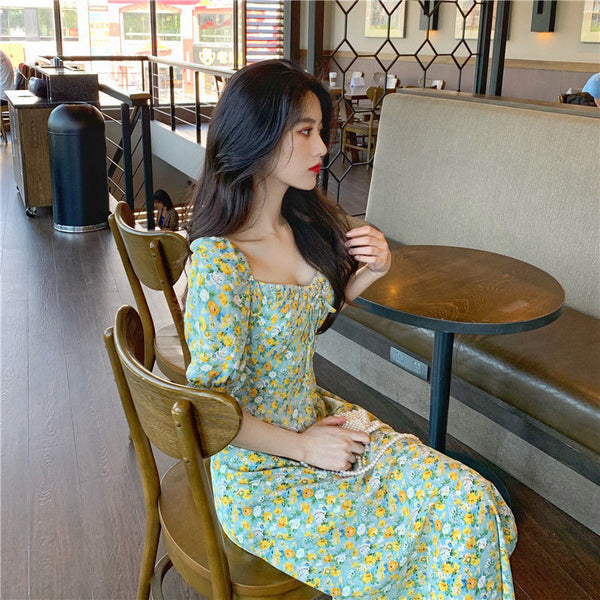 Summer Women Sweet Long Skirt Waist Temperament Floral Dress