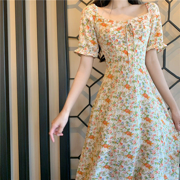 Summer Women Sweet Long Skirt Waist Temperament Floral Dress