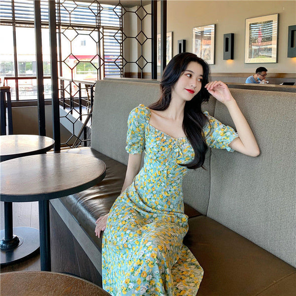 Summer Women Sweet Long Skirt Waist Temperament Floral Dress