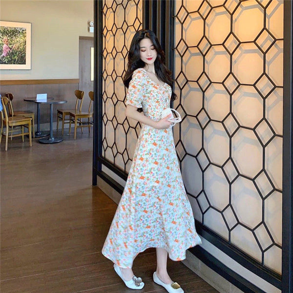 Summer Women Sweet Long Skirt Waist Temperament Floral Dress