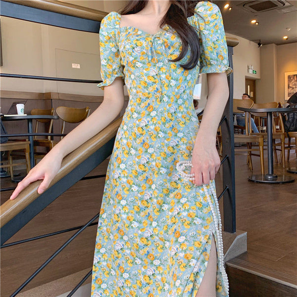 Summer Women Sweet Long Skirt Waist Temperament Floral Dress