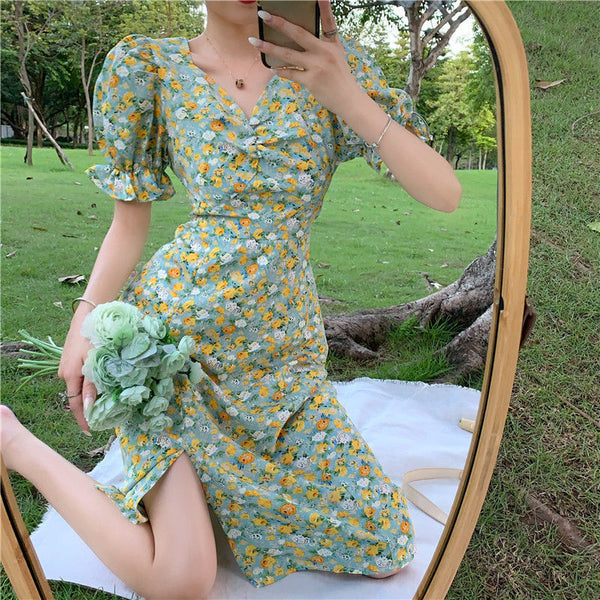 Summer Women Sweet Long Skirt Waist Temperament Floral Dress