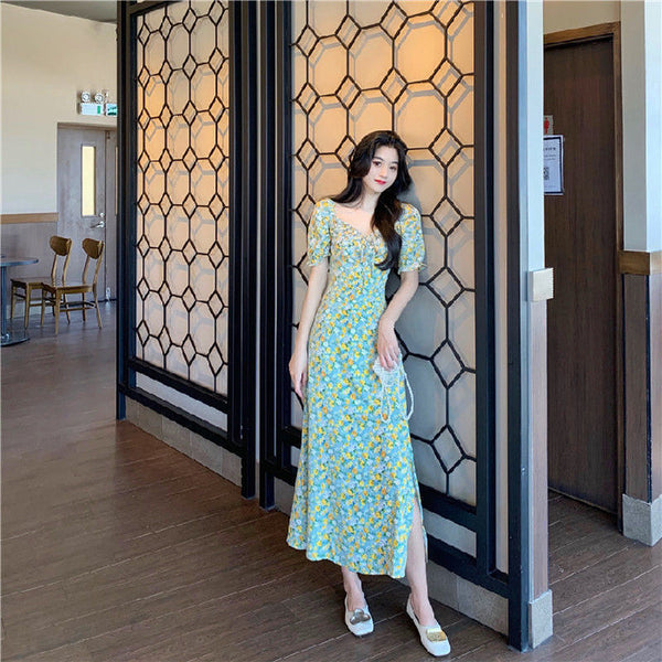 Summer Women Sweet Long Skirt Waist Temperament Floral Dress