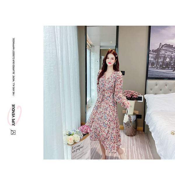 V Neck Pleated Retro Floral Slim Waist Ruffled Long Irregular Dress
