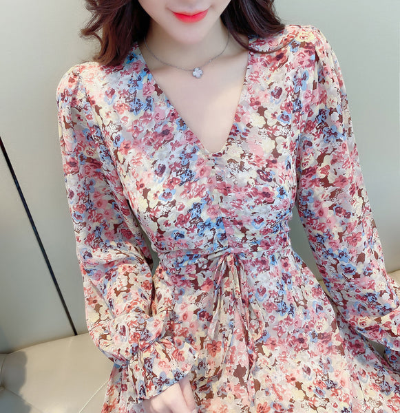 V Neck Pleated Retro Floral Slim Waist Ruffled Long Irregular Dress