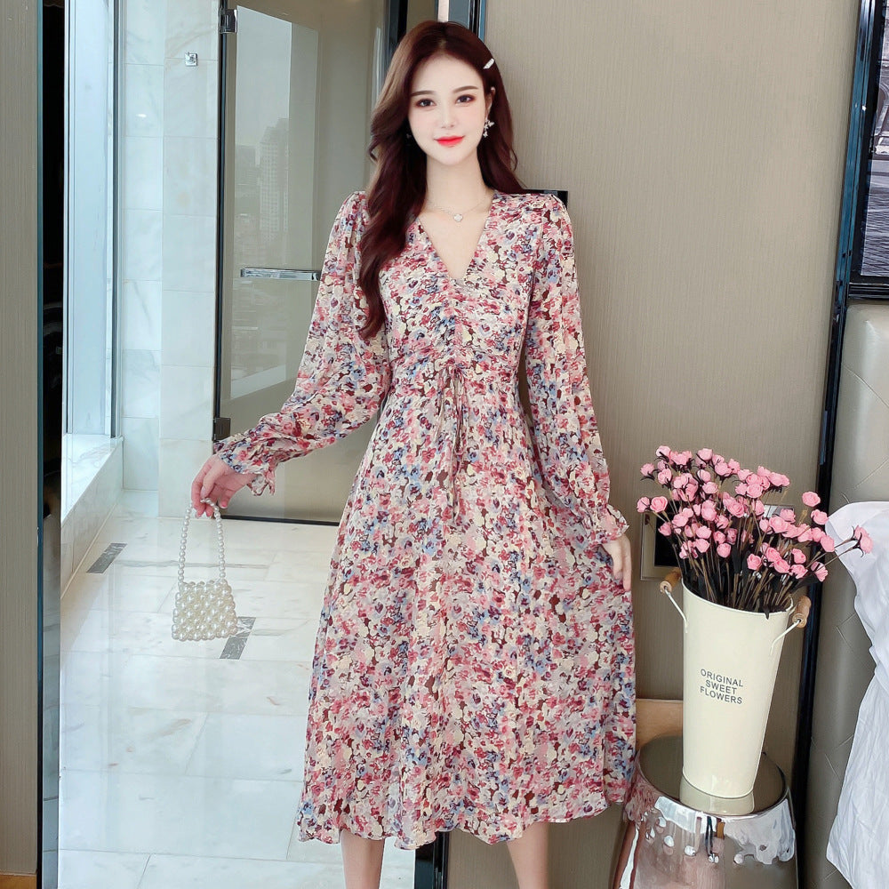 V Neck Pleated Retro Floral Slim Waist Ruffled Long Irregular Dress