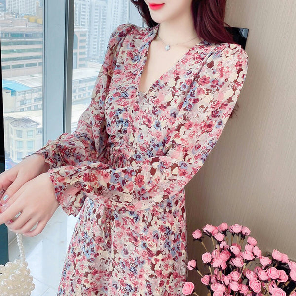 V Neck Pleated Retro Floral Slim Waist Ruffled Long Irregular Dress