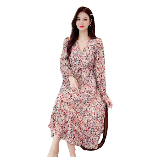 V Neck Pleated Retro Floral Slim Waist Ruffled Long Irregular Dress