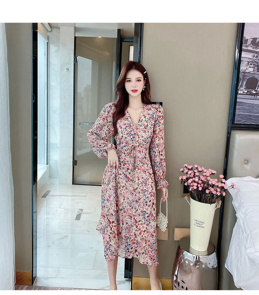 V Neck Pleated Retro Floral Slim Waist Ruffled Long Irregular Dress