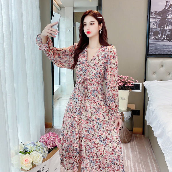 V Neck Pleated Retro Floral Slim Waist Ruffled Long Irregular Dress