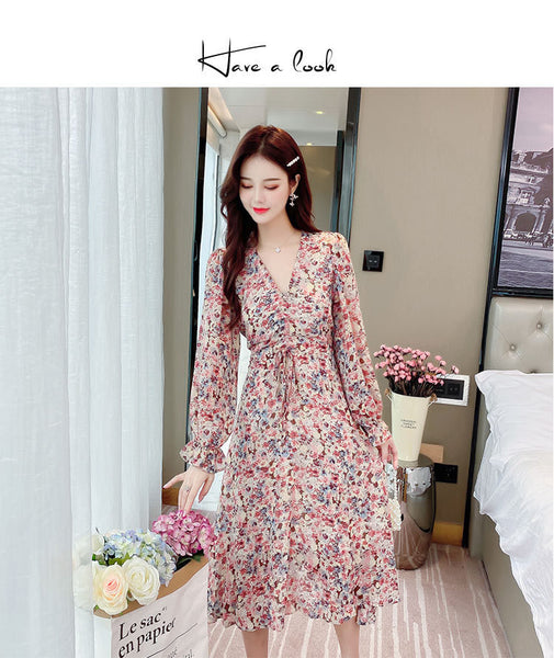 V Neck Pleated Retro Floral Slim Waist Ruffled Long Irregular Dress