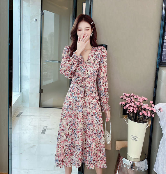 V Neck Pleated Retro Floral Slim Waist Ruffled Long Irregular Dress
