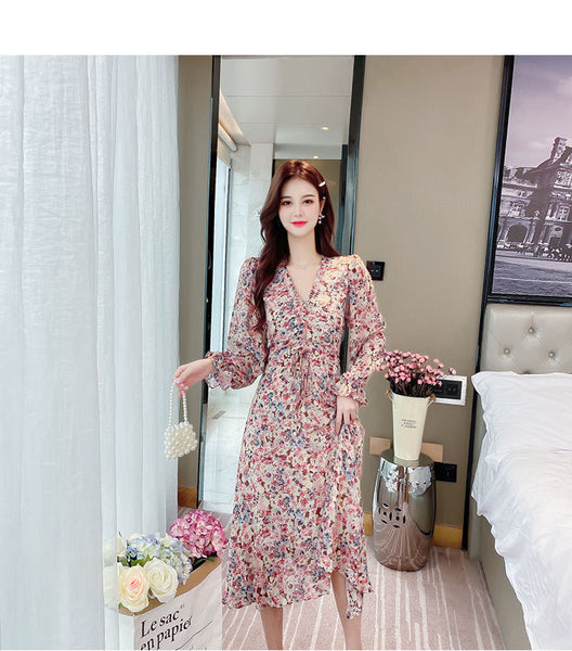 V Neck Pleated Retro Floral Slim Waist Ruffled Long Irregular Dress