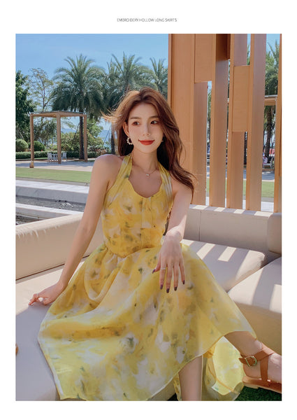 Seaside Vacation Tie Dye Printed Floral Sexy Halter Neck Open Back Long Dress