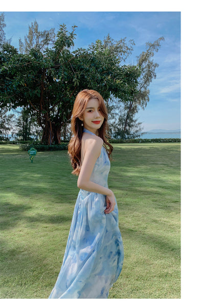Seaside Vacation Tie Dye Printed Floral Sexy Halter Neck Open Back Long Dress