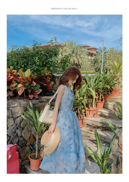 Seaside Vacation Tie Dye Printed Floral Sexy Halter Neck Open Back Long Dress