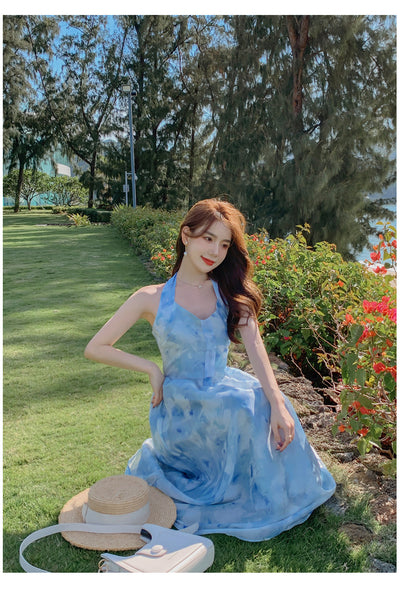 Seaside Vacation Tie Dye Printed Floral Sexy Halter Neck Open Back Long Dress