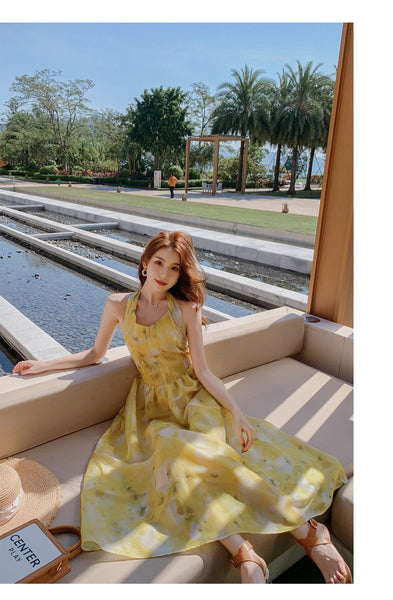 Seaside Vacation Tie Dye Printed Floral Sexy Halter Neck Open Back Long Dress