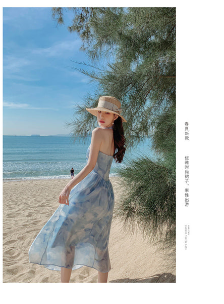 Seaside Vacation Tie Dye Printed Floral Sexy Halter Neck Open Back Long Dress