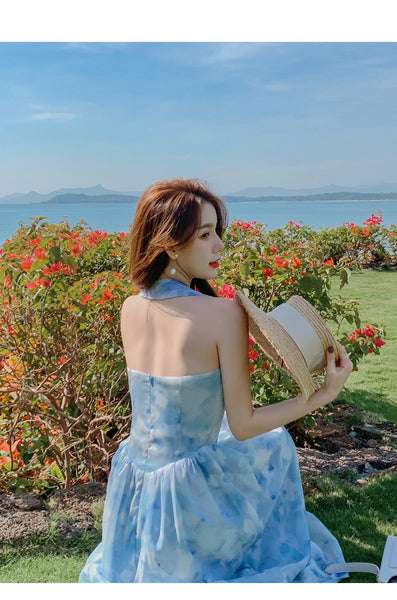 Seaside Vacation Tie Dye Printed Floral Sexy Halter Neck Open Back Long Dress