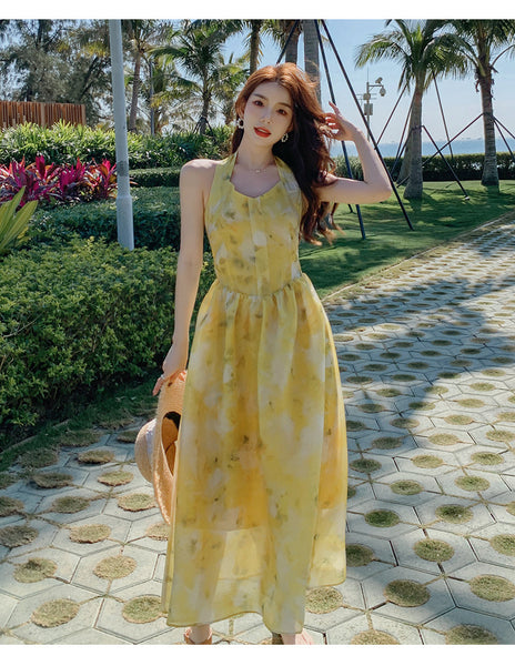 Seaside Vacation Tie Dye Printed Floral Sexy Halter Neck Open Back Long Dress