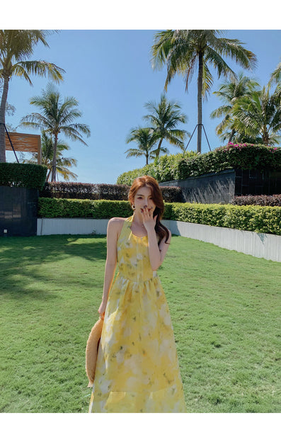 Seaside Vacation Tie Dye Printed Floral Sexy Halter Neck Open Back Long Dress