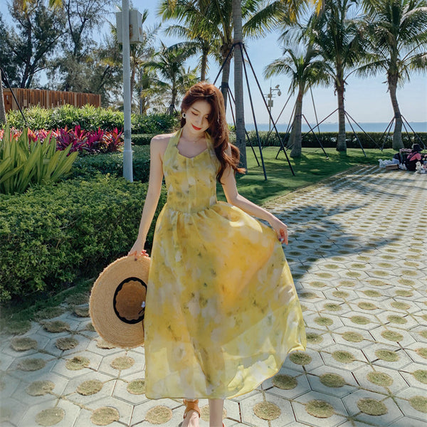 Seaside Vacation Tie Dye Printed Floral Sexy Halter Neck Open Back Long Dress