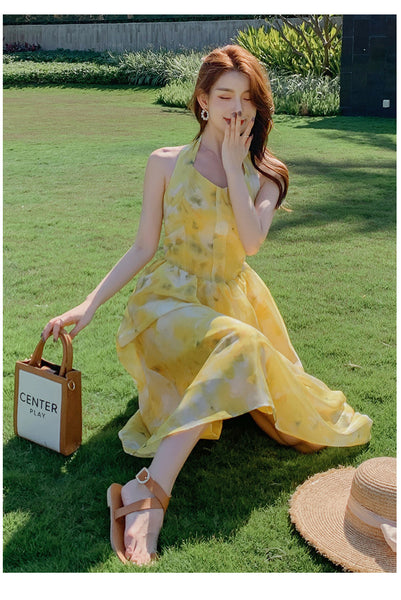 Seaside Vacation Tie Dye Printed Floral Sexy Halter Neck Open Back Long Dress