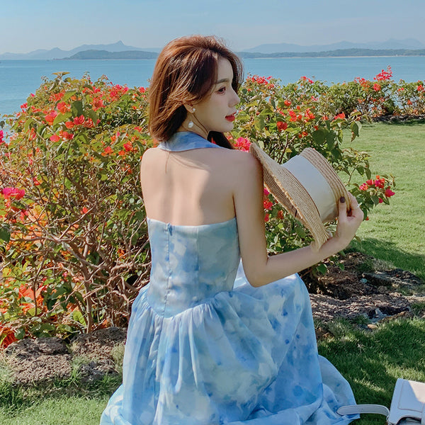 Seaside Vacation Tie Dye Printed Floral Sexy Halter Neck Open Back Long Dress