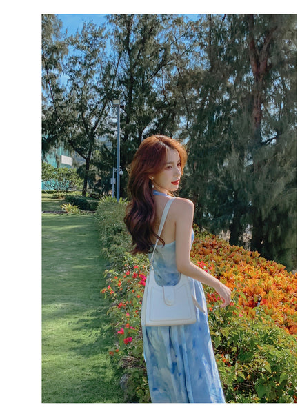 Seaside Vacation Tie Dye Printed Floral Sexy Halter Neck Open Back Long Dress