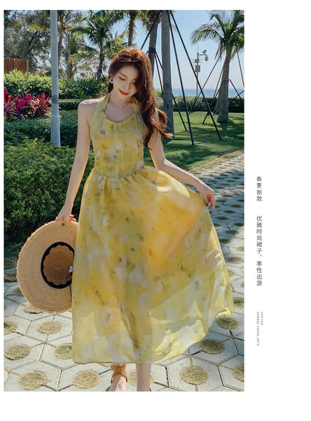 Seaside Vacation Tie Dye Printed Floral Sexy Halter Neck Open Back Long Dress
