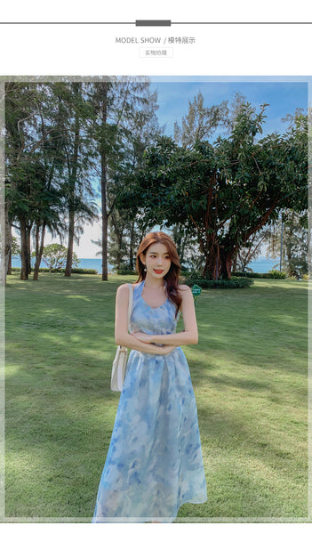 Seaside Vacation Tie Dye Printed Floral Sexy Halter Neck Open Back Long Dress