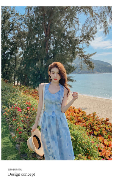 Seaside Vacation Tie Dye Printed Floral Sexy Halter Neck Open Back Long Dress