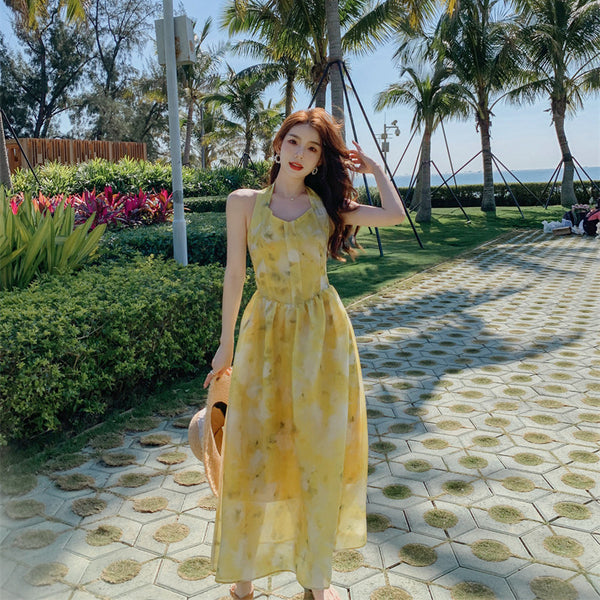 Seaside Vacation Tie Dye Printed Floral Sexy Halter Neck Open Back Long Dress