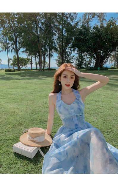 Seaside Vacation Tie Dye Printed Floral Sexy Halter Neck Open Back Long Dress