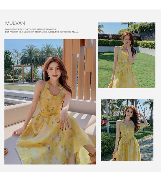 Seaside Vacation Tie Dye Printed Floral Sexy Halter Neck Open Back Long Dress