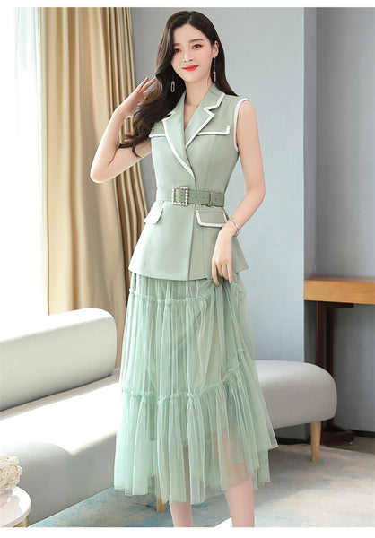 Temperament Fashion Two Piece Sleeveless Dress Mesh Long Skirt
