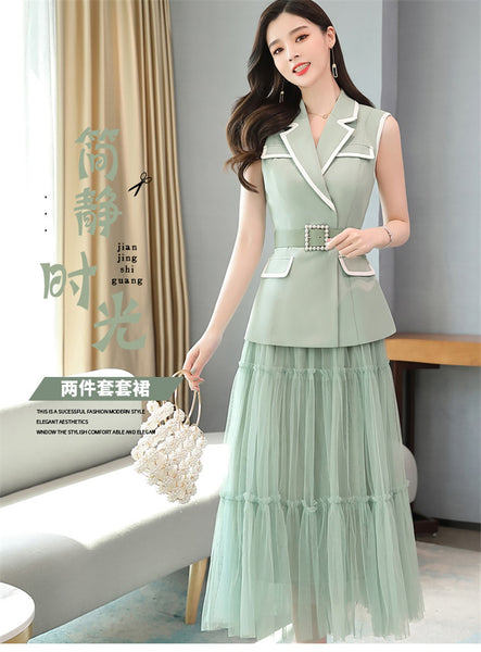 Temperament Fashion Two Piece Sleeveless Dress Mesh Long Skirt