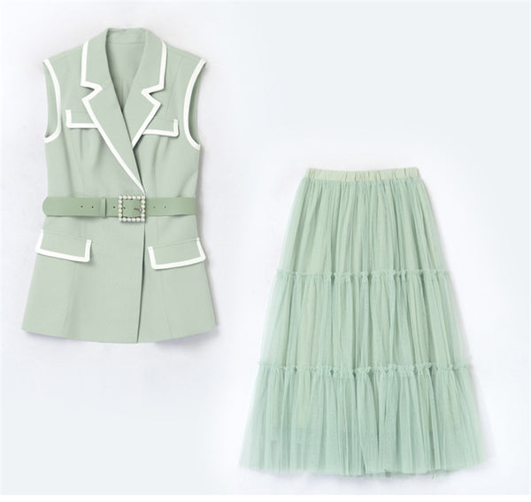 Temperament Fashion Two Piece Sleeveless Dress Mesh Long Skirt