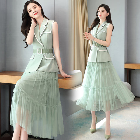 Temperament Fashion Two Piece Sleeveless Dress Mesh Long Skirt