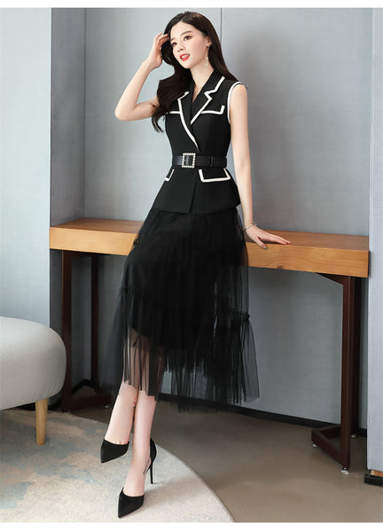 Temperament Fashion Two Piece Sleeveless Dress Mesh Long Skirt