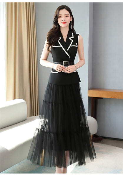 Temperament Fashion Two Piece Sleeveless Dress Mesh Long Skirt