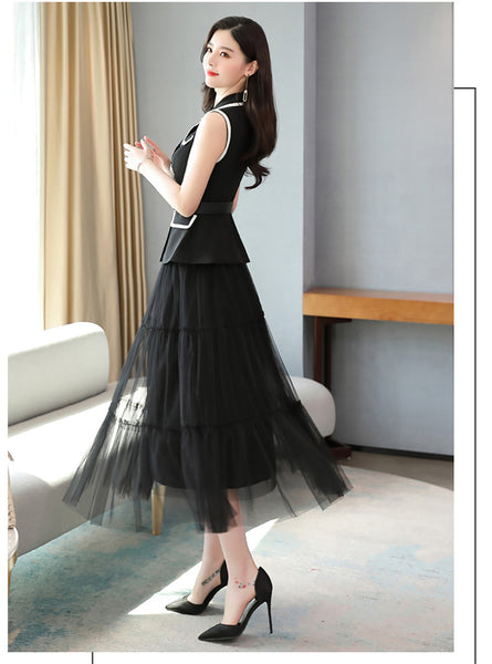 Temperament Fashion Two Piece Sleeveless Dress Mesh Long Skirt