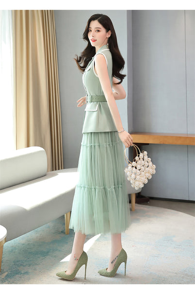 Temperament Fashion Two Piece Sleeveless Dress Mesh Long Skirt