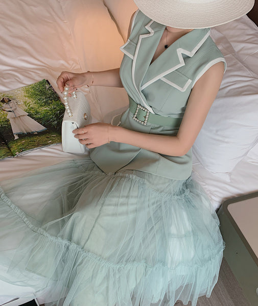 Temperament Fashion Two Piece Sleeveless Dress Mesh Long Skirt