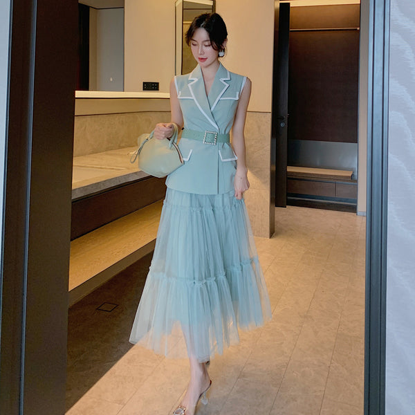 Temperament Fashion Two Piece Sleeveless Dress Mesh Long Skirt