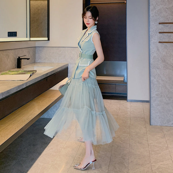 Temperament Fashion Two Piece Sleeveless Dress Mesh Long Skirt